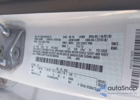 2018 Ford Escape S z USA, uszkodzony, nr VIN 1FMCU0F75JUD38036